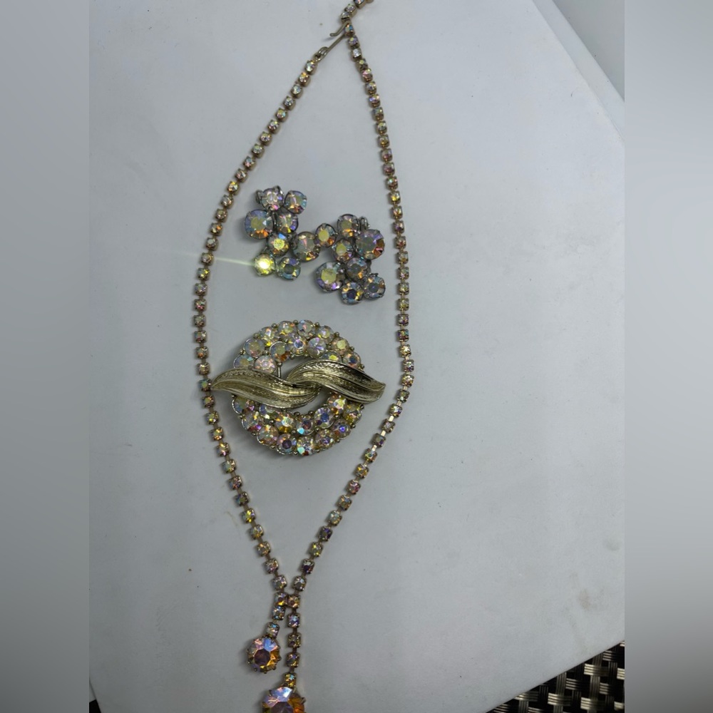 Aurora borealis necklace, clip earrings and broach